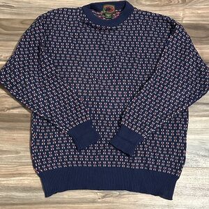 Vintage Cotton Traders Sweater Navy Red Pattern Crewneck Pullover Mens Large